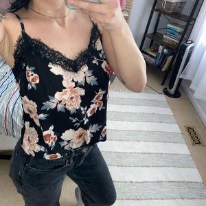 Lace lined floral black camisole with pink flowers